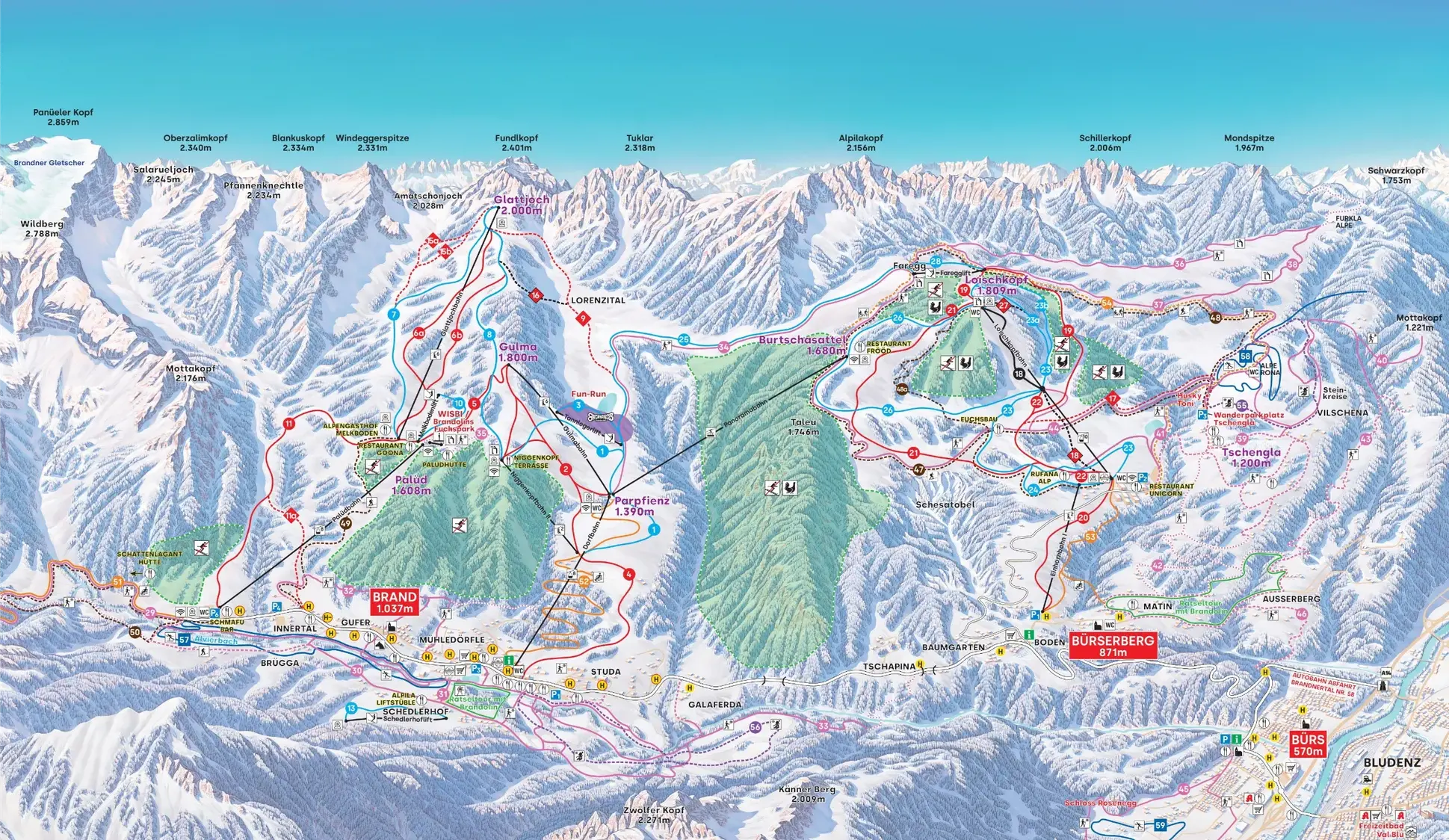 Brandnertal piste map showing all lifts and ski runs