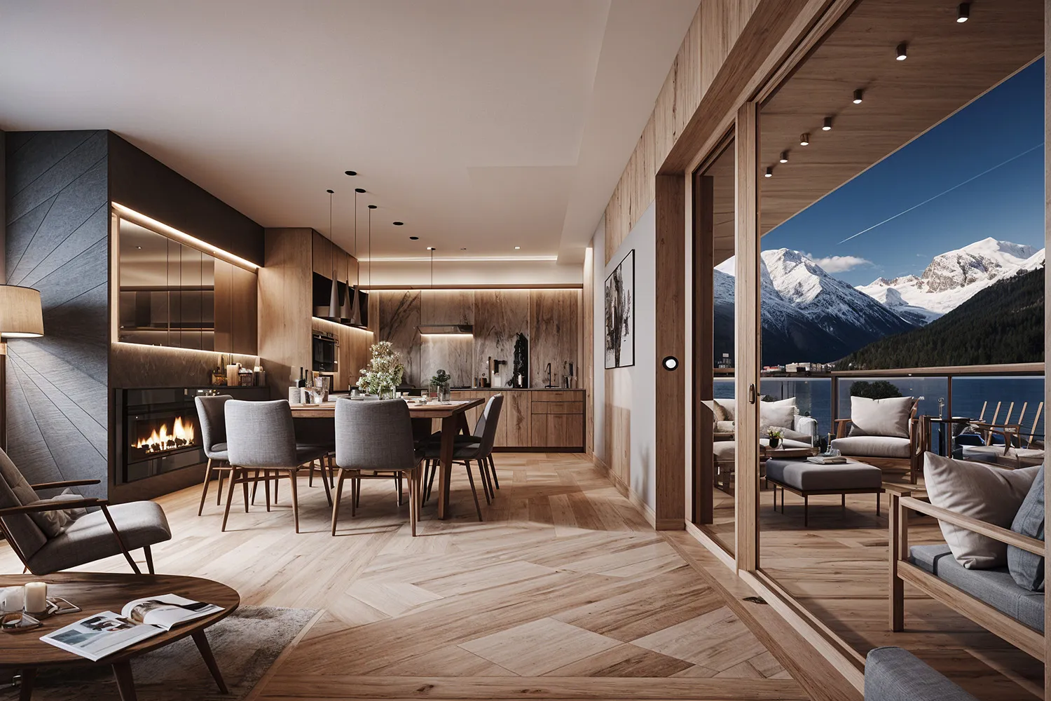Open plan living and dining with full-height Alpine views