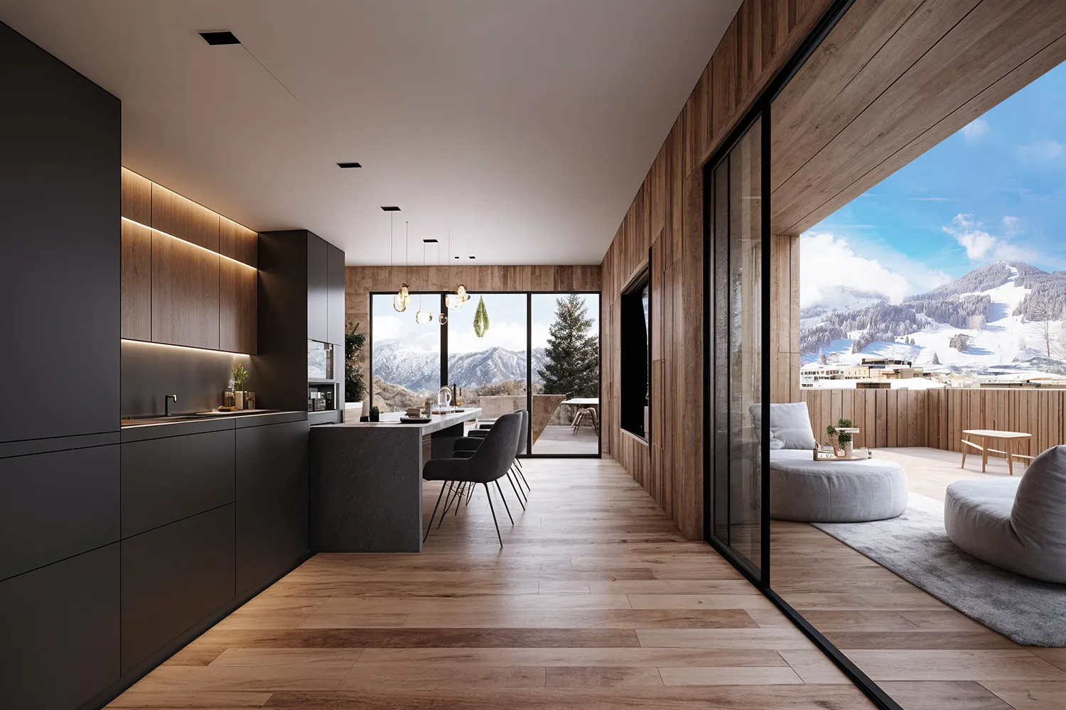 Kitchen with dark cabinetry and terrace overlooking ski slopes