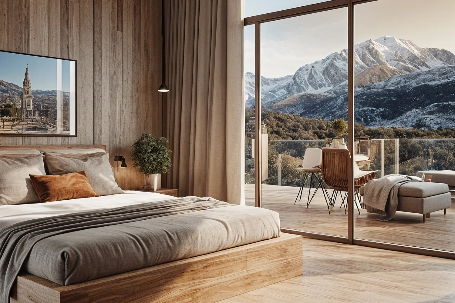 Master bedroom with floor-to-ceiling windows and balcony access