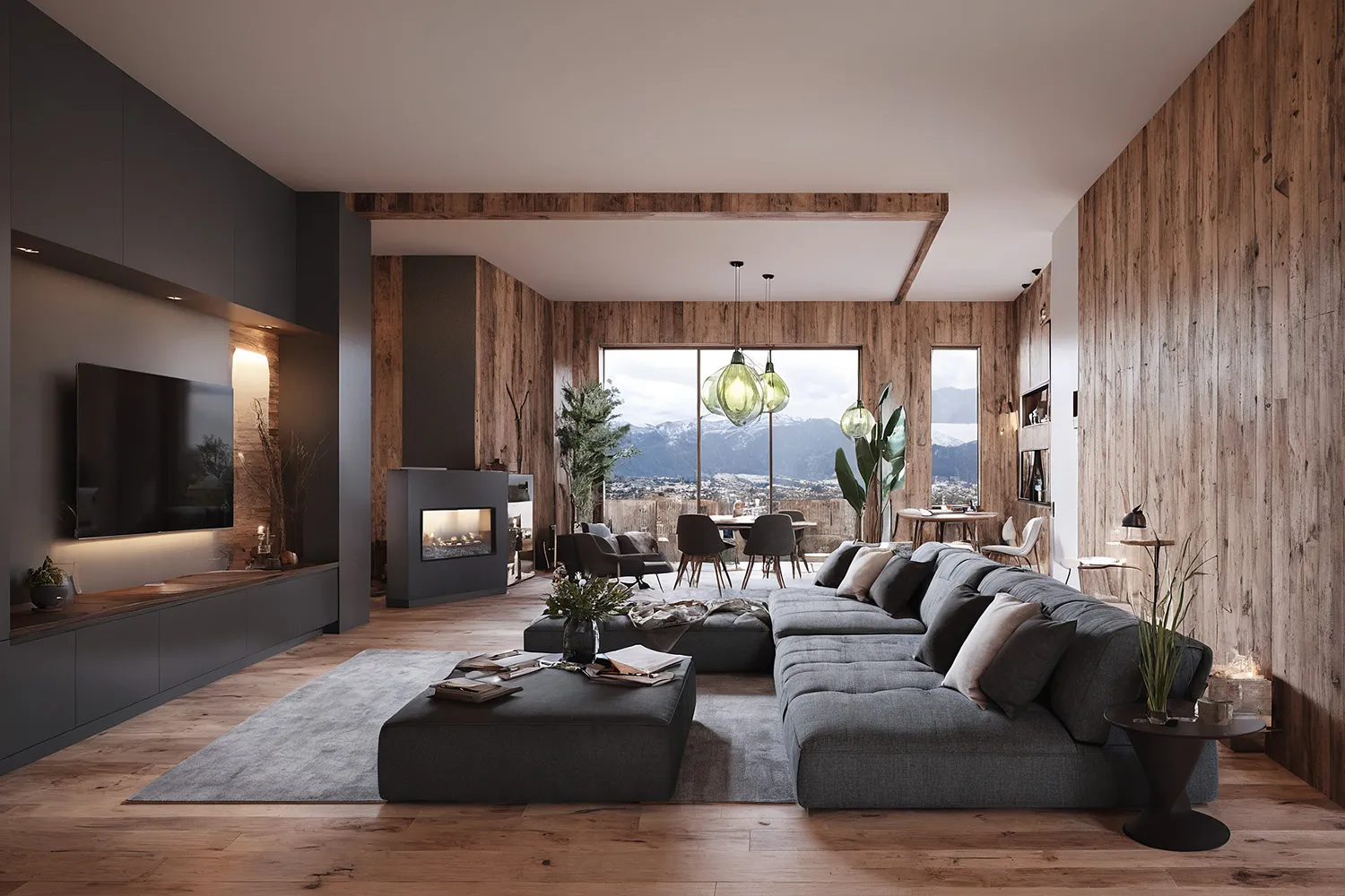 Living room with fireplace and views towards Bludenz valley