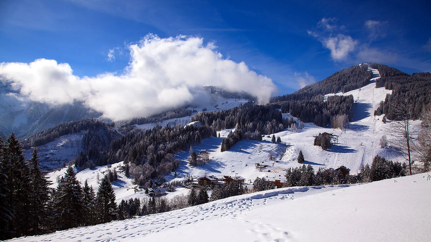 Brandnertal valley village with fresh spring snowfall