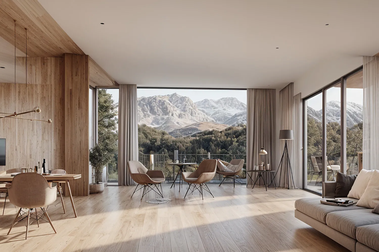 Five Valley Residences — spacious living room with full-height Alpine views